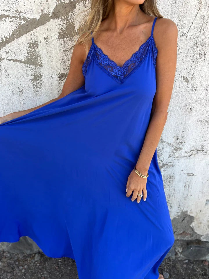 Lace Trim Slip Maxi Dress with Spaghetti Straps for Women