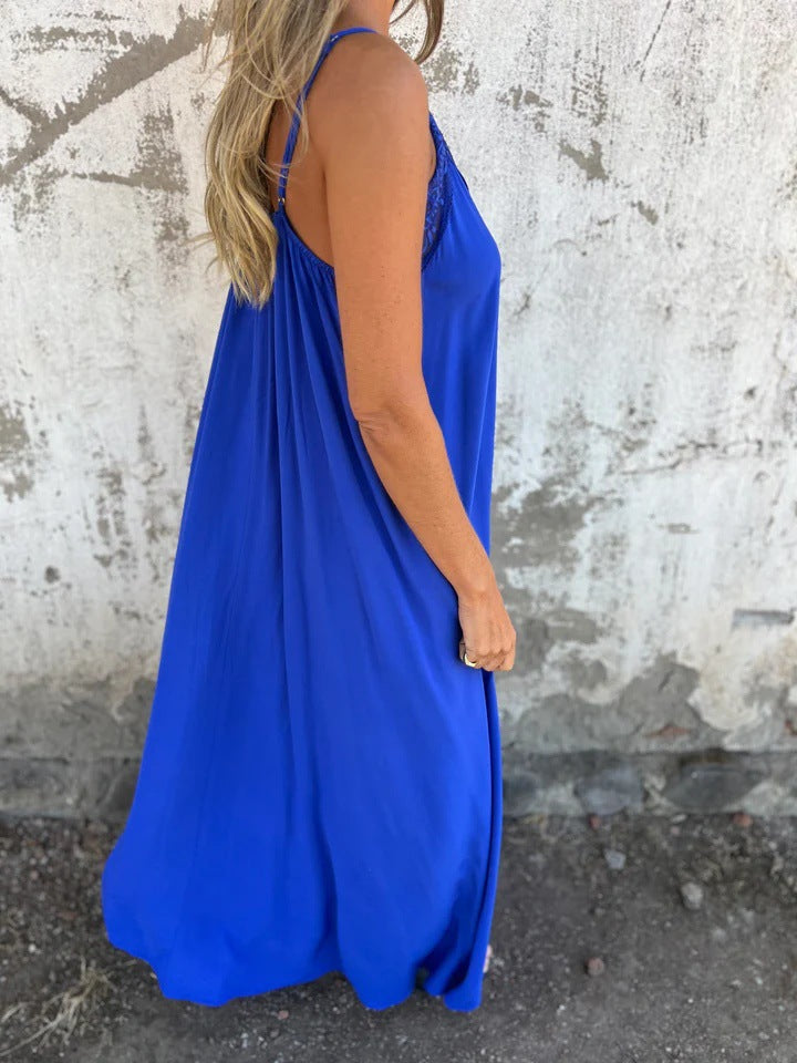 Lace Trim Slip Maxi Dress with Spaghetti Straps for Women