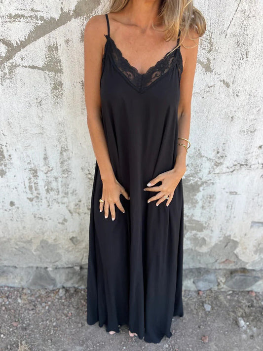 Lace Trim Slip Maxi Dress with Spaghetti Straps for Women