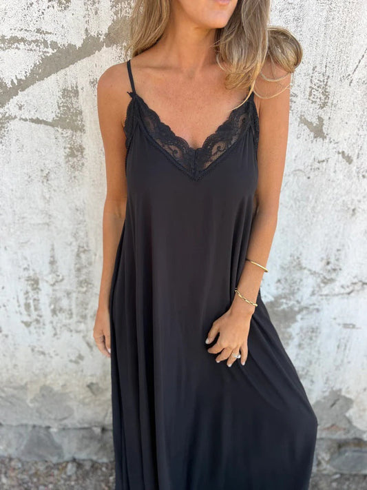 Lace Trim Slip Maxi Dress with Spaghetti Straps for Women