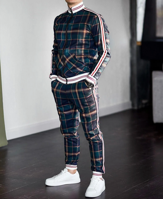 Men's Checkered Tracksuit Co-Ord Set with Striped Cuffs
