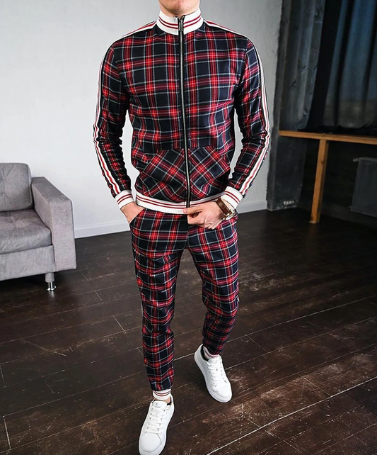 Men's Checkered Tracksuit Co-Ord Set with Striped Cuffs