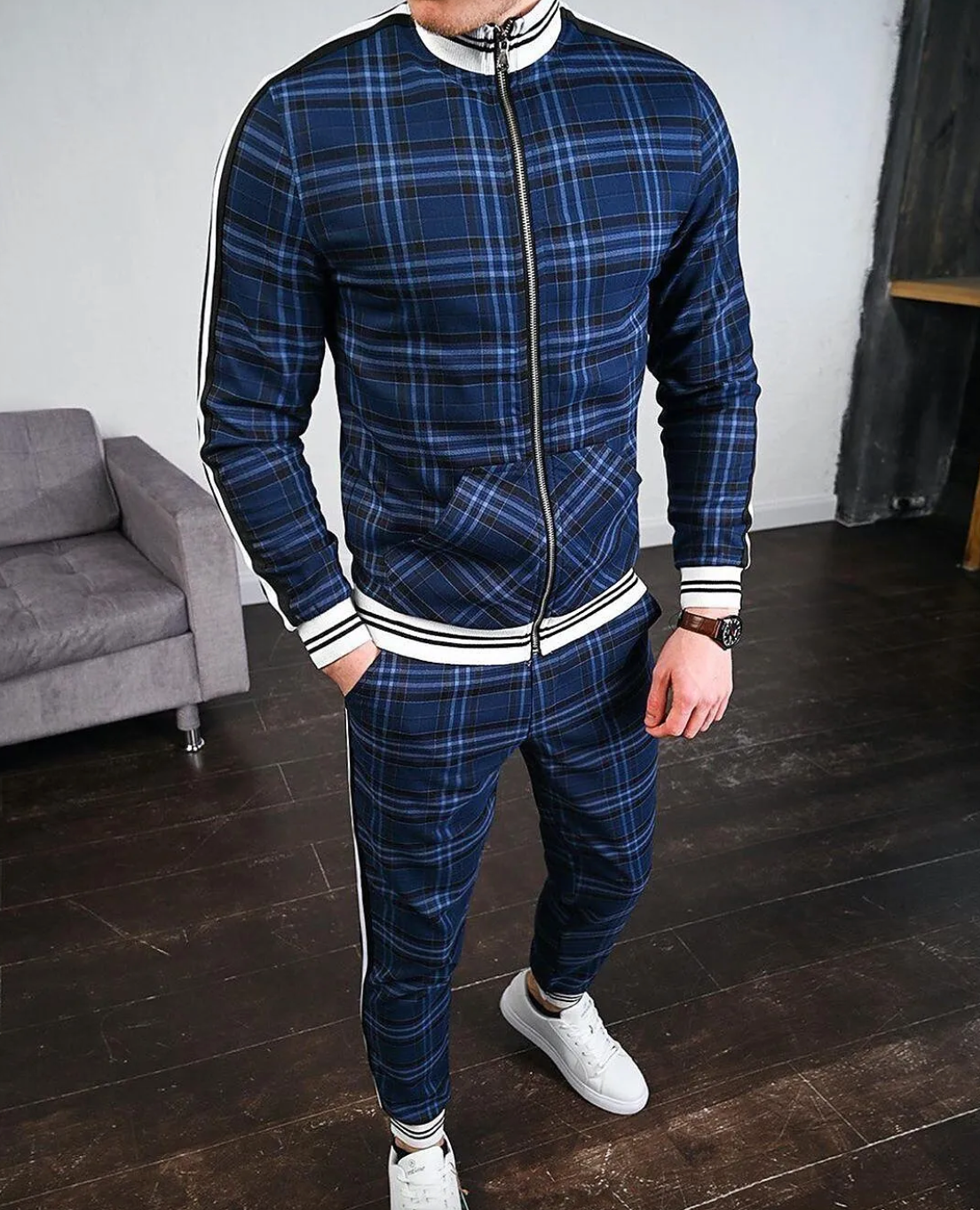 Men's Checkered Tracksuit Co-Ord Set with Striped Cuffs