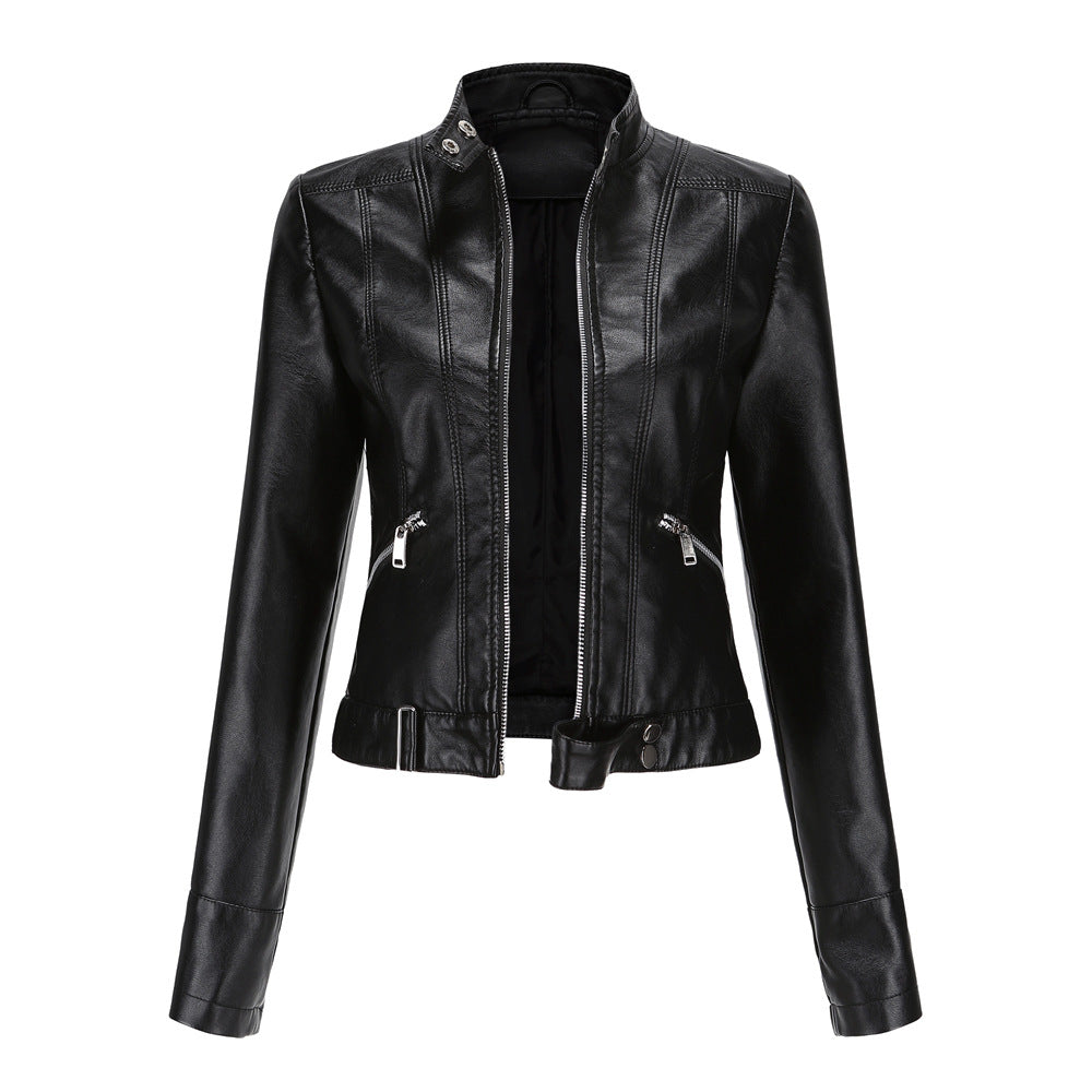 Women's Leather Jacket with Zip Closure High Collar and Belt