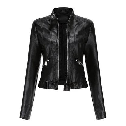 Women's Leather Jacket with Zip Closure High Collar and Belt