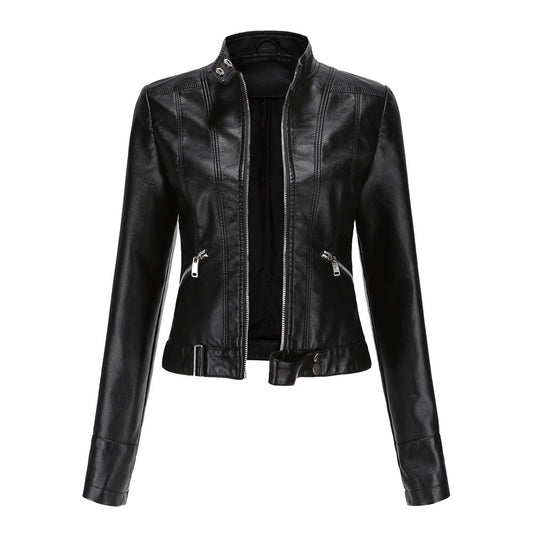 Women's Leather Jacket with Zip Closure High Collar and Belt