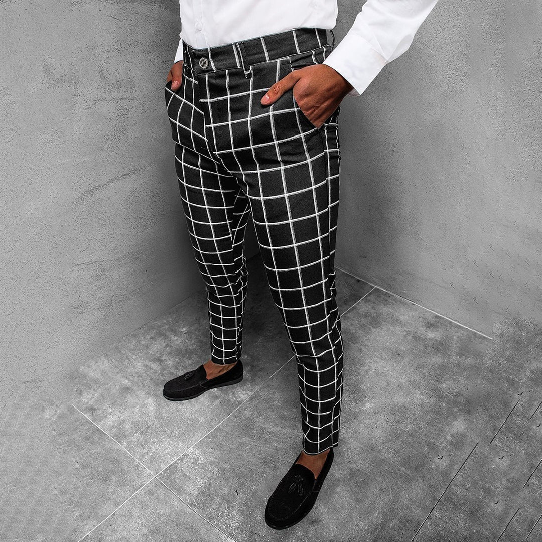 Men's Checkered Work Trousers Slim Fit Patterned Straight Leg Style