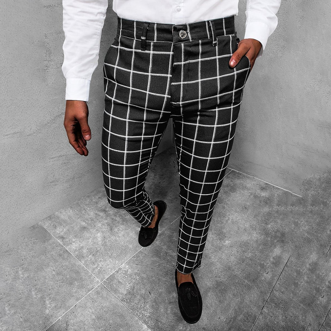 Men's Checkered Work Trousers Slim Fit Patterned Straight Leg Style