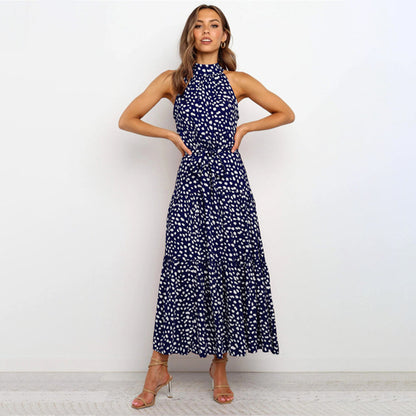 Women’s Polka Dot Halter Neck Maxi Dress with Tie Waist