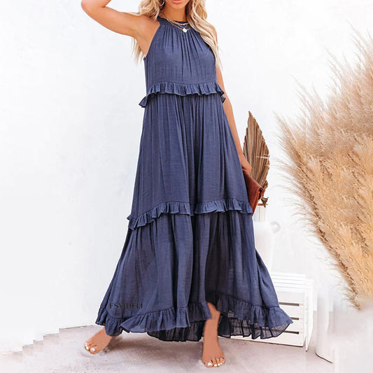 Women's Ruffled Halter Neck Maxi Dress with Layered Hemline