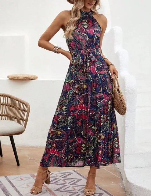 Women's Halter Neck Maxi Dress with Bohemian Print and Pockets