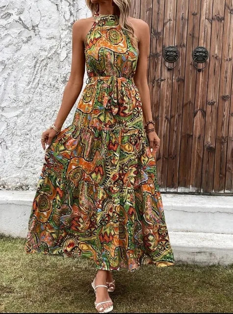 Women's Halter Neck Maxi Dress with Bohemian Print and Pockets