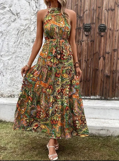 Women's Halter Neck Maxi Dress with Bohemian Print and Pockets
