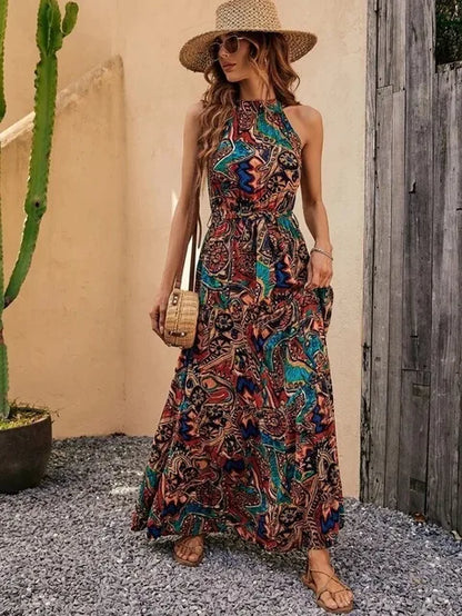 Women's Halter Neck Maxi Dress with Bohemian Print and Pockets