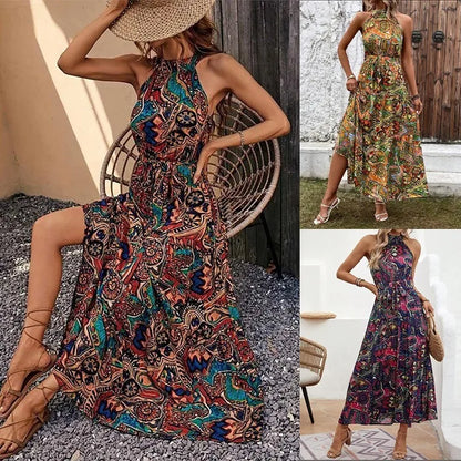 Women's Halter Neck Maxi Dress with Bohemian Print and Pockets