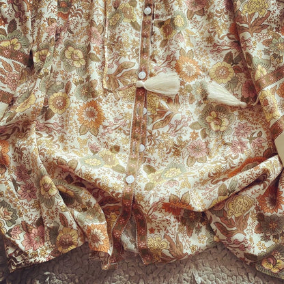 Women's Loose Fit Floral Button-Up Blouse with Long Sleeves