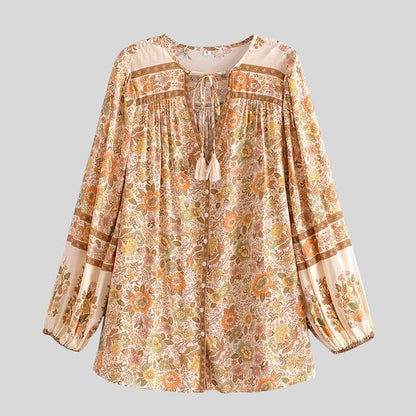 Women's Loose Fit Floral Button-Up Blouse with Long Sleeves
