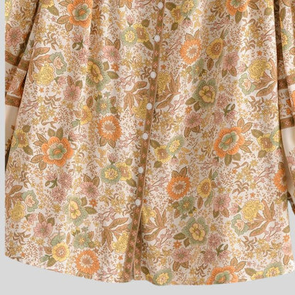 Women's Loose Fit Floral Button-Up Blouse with Long Sleeves