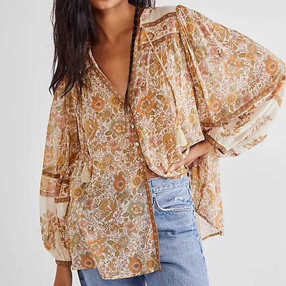 Women's Loose Fit Floral Button-Up Blouse with Long Sleeves