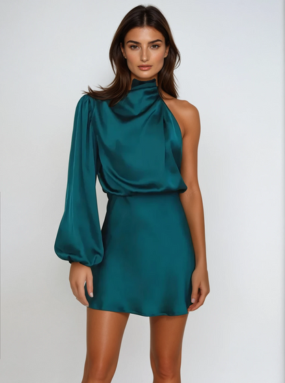 Women's One Shoulder Mini Dress with Long Sleeve and Draped Neck