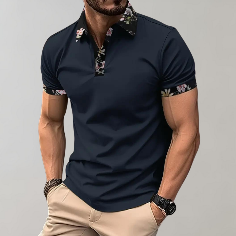 Men's Short Sleeve Polo Shirt with Printed Collar Trim