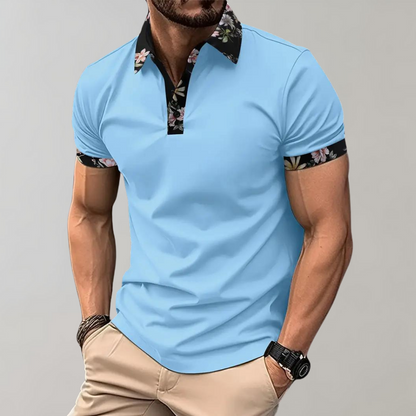 Men's Short Sleeve Polo Shirt with Printed Collar Trim