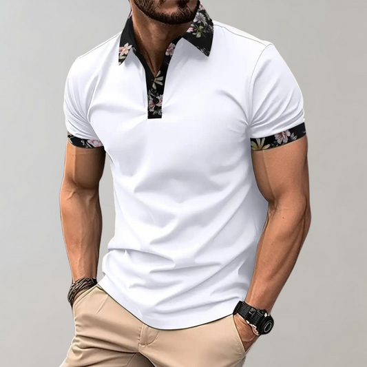 Men's Short Sleeve Polo Shirt with Printed Collar Trim