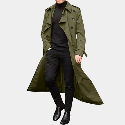 Men's Classic Long Trench Coat with Belt and Double-Breasted Closure