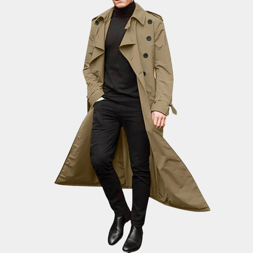 Men's Classic Long Trench Coat with Belt and Double-Breasted Closure