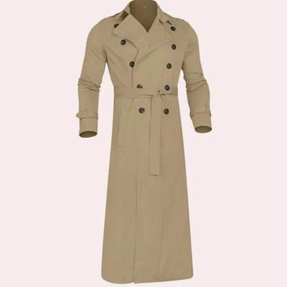 Men's Classic Long Trench Coat with Belt and Double-Breasted Closure
