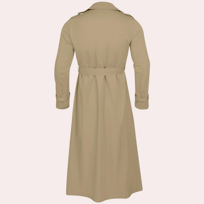 Men's Classic Long Trench Coat with Belt and Double-Breasted Closure