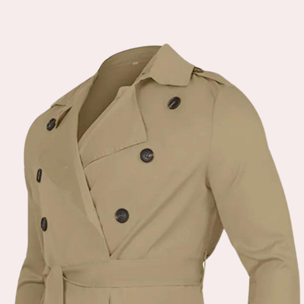 Men's Classic Long Trench Coat with Belt and Double-Breasted Closure