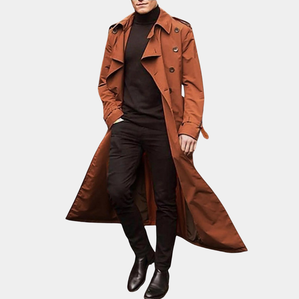Men's Classic Long Trench Coat with Belt and Double-Breasted Closure