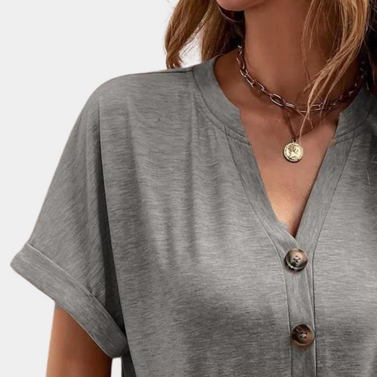 Women's Casual Short-Sleeve Blouse with V-Neck and Button Detail