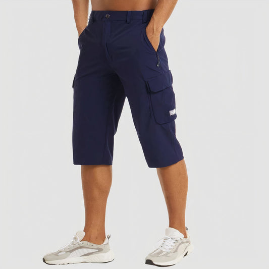 Men's Knee-Length Cargo Shorts with Side Pockets and Zip Closure