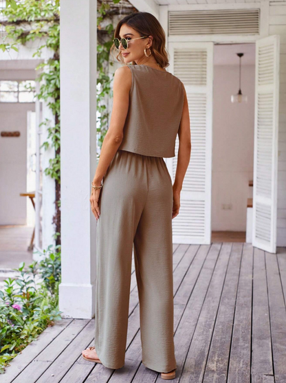 Women's Sleeveless Wide-Leg Two-Piece Set with Button Top