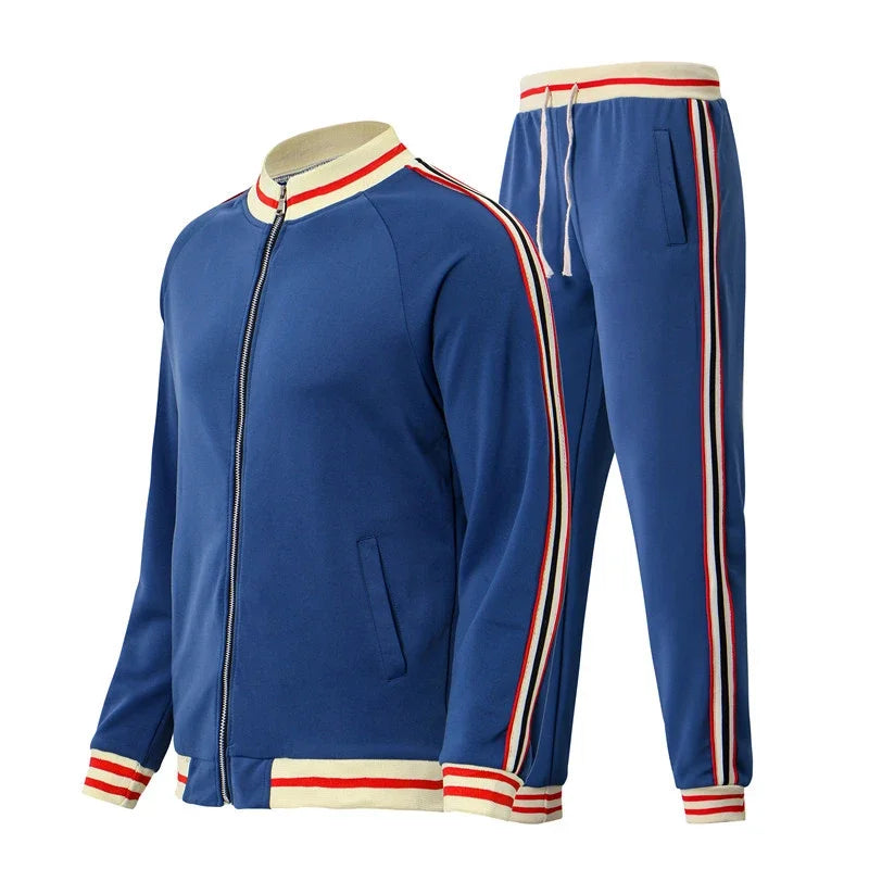 Men's Tracksuit Two Piece Set with Zip Jacket and Stripe Detail