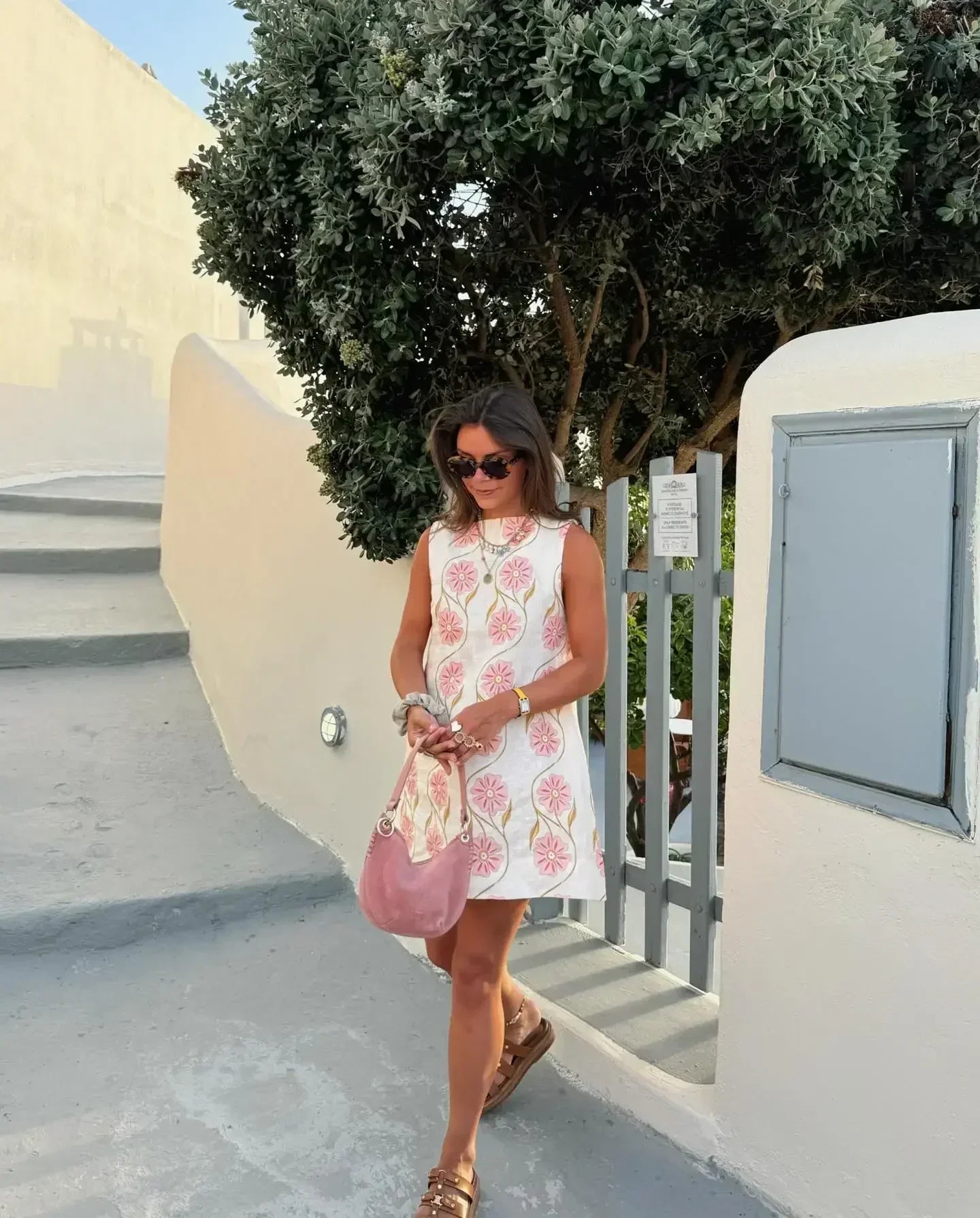 Women's Sleeveless Mini Dress with Pink Floral Allover Print