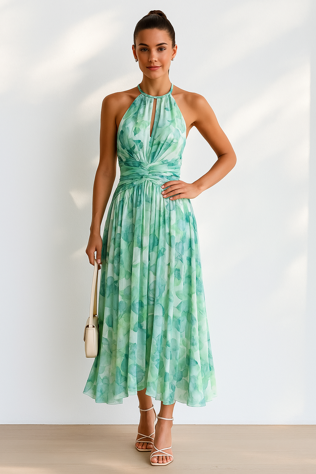 Women's Halter Maxi Dress with Pleated Waist and Watercolor Floral Print