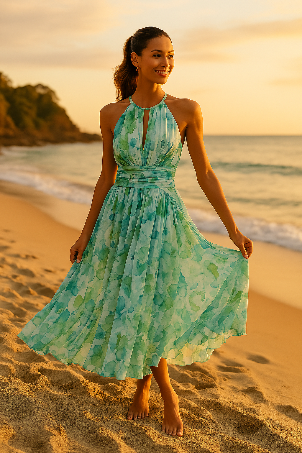 Women's Halter Maxi Dress with Pleated Waist and Watercolor Floral Print