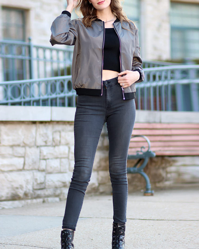 Women's Bomber Jacket with Zip Front and Ribbed Trim Finish