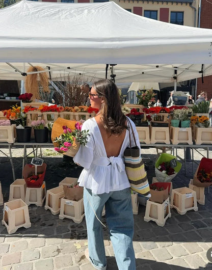 Women's Backless Tie-Waist Blouse with V-Cut and Elbow Sleeves