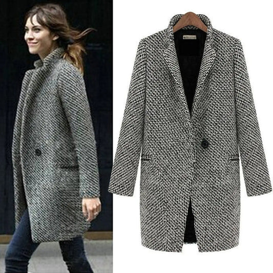 Women's Tailored Houndstooth Winter Coat with Button Closure
