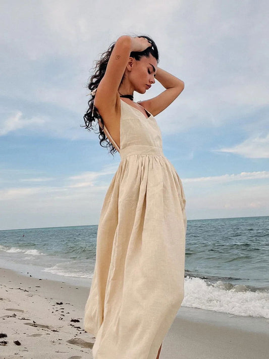 Women's Sleeveless Maxi Dress with V-Neck and Open Back