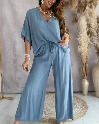 Women's Relaxed Two-Piece Set with V-Neck Top and Wide-Leg Pants