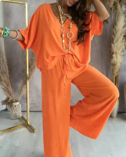 Women's Relaxed Two-Piece Set with V-Neck Top and Wide-Leg Pants