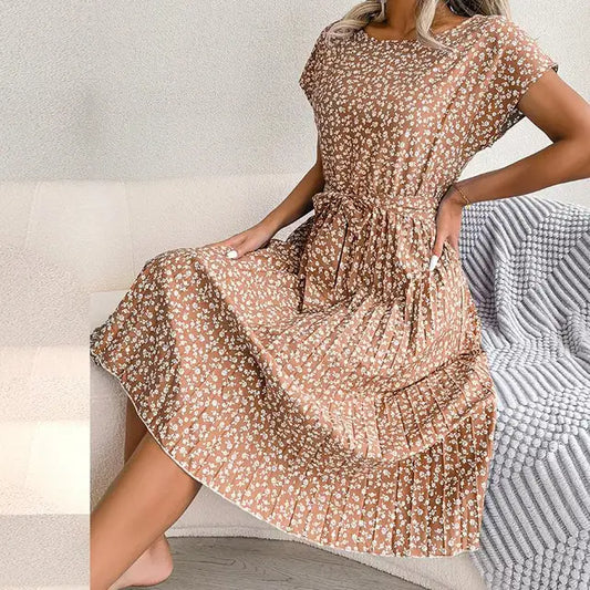 Women's Short-Sleeve Pleated Midi Dress with Waist Tie
