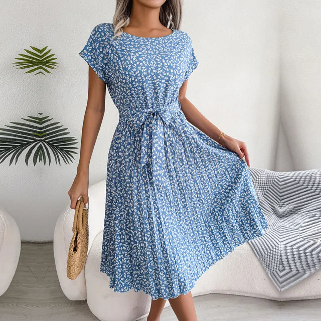 Women's Short-Sleeve Pleated Midi Dress with Waist Tie