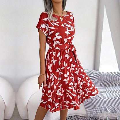 Women's Short-Sleeve Pleated Midi Dress with Waist Tie