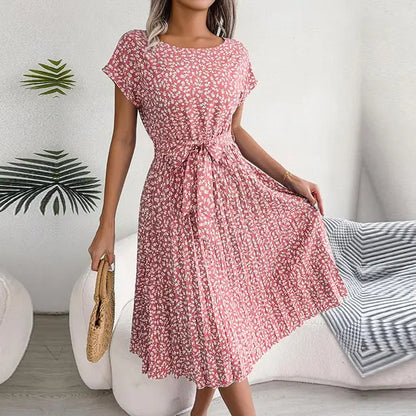 Women's Short-Sleeve Pleated Midi Dress with Waist Tie